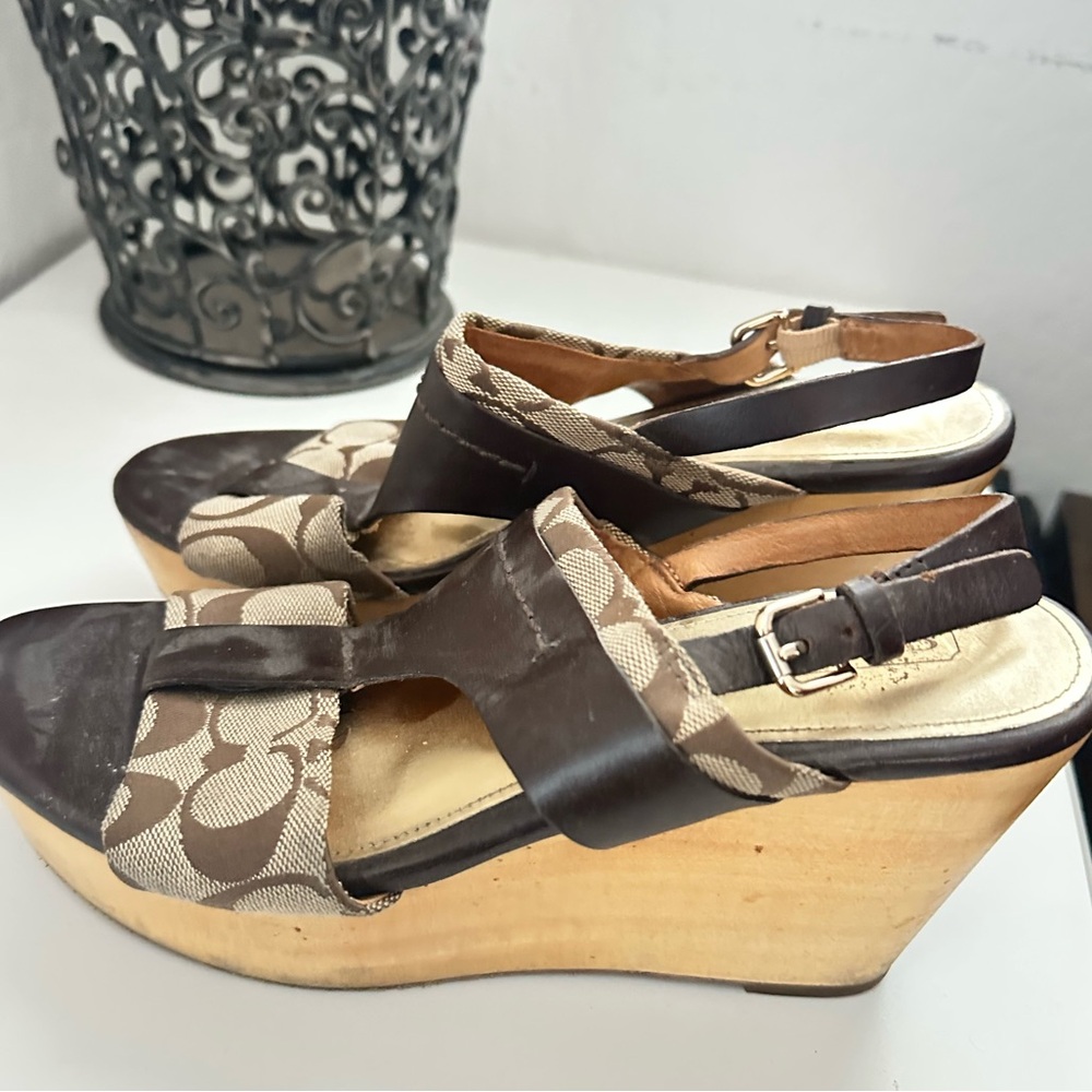 Coach logo embossed wood wedge sandals size 7.5